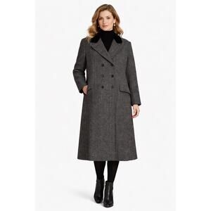 1980s Karen Plus Herringbone 100% Pure Wool Coat Velvet Collar 2X USA